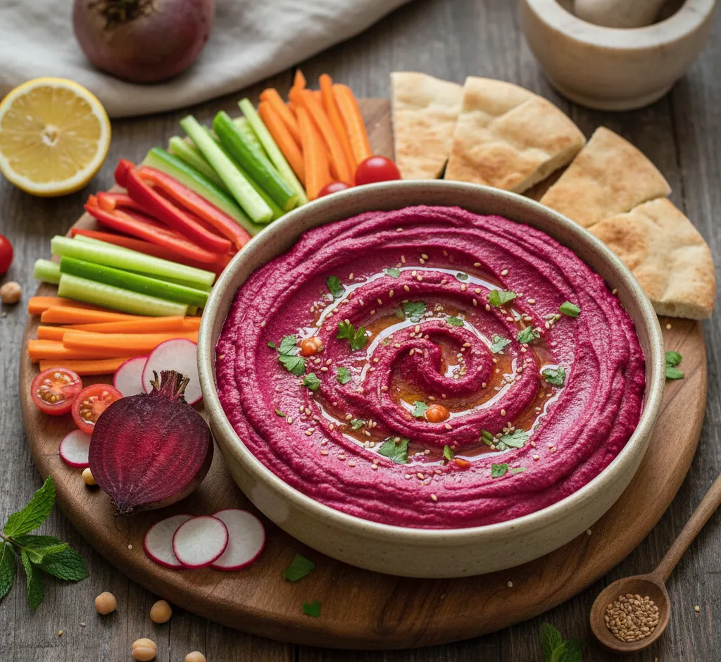 Bietenhummus met tahini en citroen: kleurrijke spread vol smaak en voedingswaarde