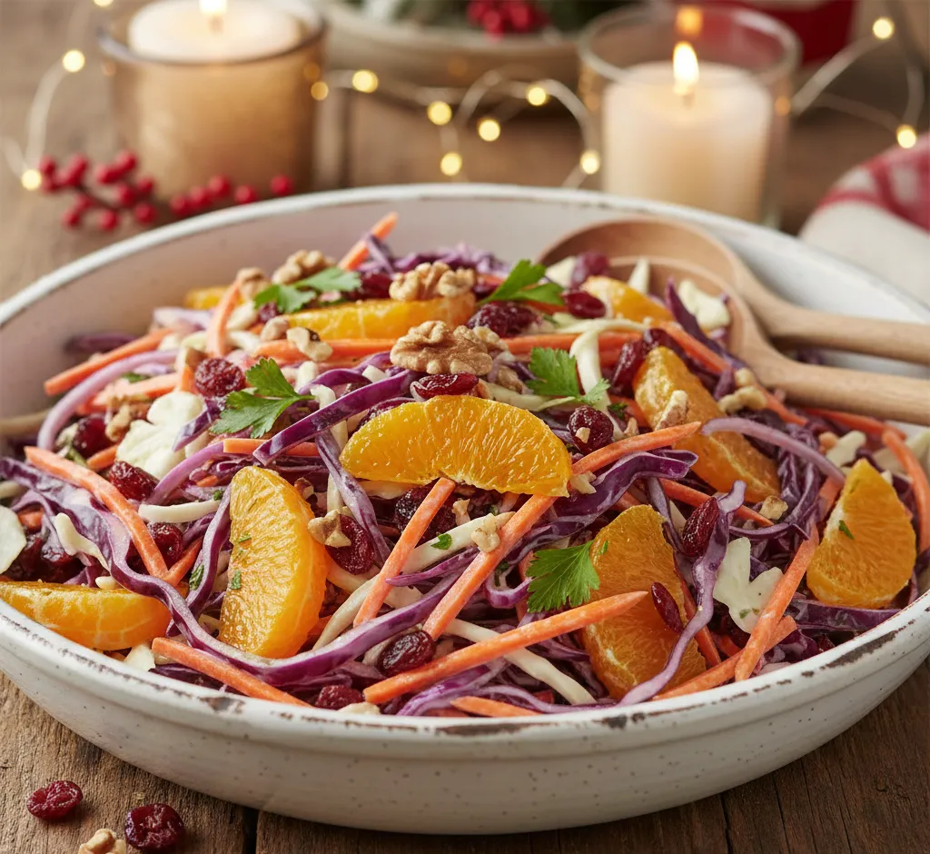 Feestelijke koolsalade met sinaasappel en cranberry: fris, kleurrijk en knapperig